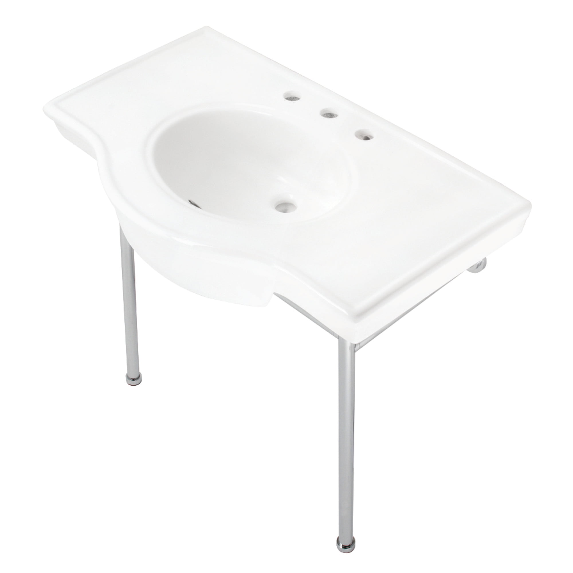 Kingston Brass VPB28140W8CP Manchester 37" Ceramic Console Sink with Stainless Steel Legs (8-Inch, 3-Hole), White/Polished Chrome