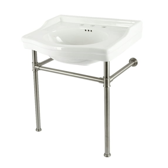 Kingston Brass VPB33088ST Victorian 30" Ceramic Console Sink with Stainless Steel Legs (8-Inch, 3-Hole), White/Brushed Nickel