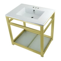 Kingston Brass VWP3122W4B7 Quadras 31" Ceramic Console Sink with Steel Base and Glass Shelf (4-Inch, 3-Hole), White/Brushed Brass