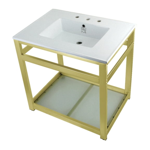 Kingston Brass VWP3122W8B7 Quadras 31" Ceramic Console Sink with Steel Base and Glass Shelf (8-Inch, 3-Hole), White/Brushed Brass