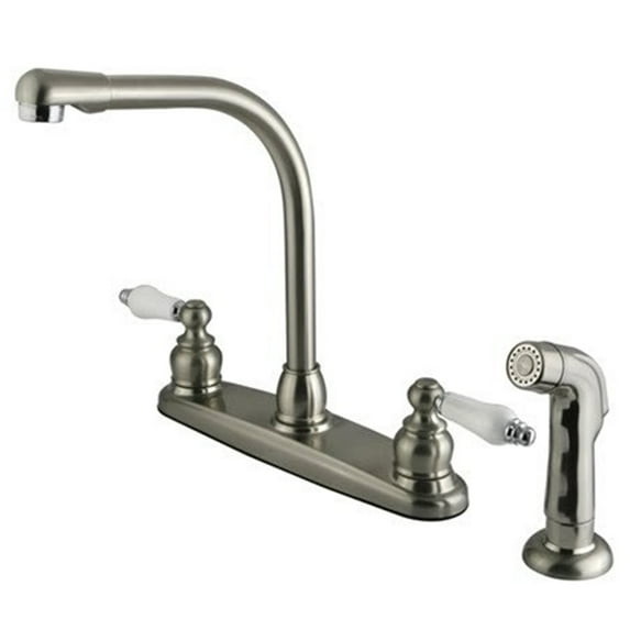 Kingston Brass GKB717SP Water Saving Victorian High Arch Kitchen Faucet with Oak & Porcelain Lever Handles and Sprayer, Satin Nickel with Chrome