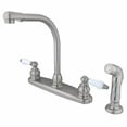 thumbnail image 1 of Kingston Brass GKB718SP  GKB718SP Water Saving Victorian High Arch Kitchen Faucet with Oak & Porcelain Lever Handles and Sprayer, Satin Nickel, 1 of 7