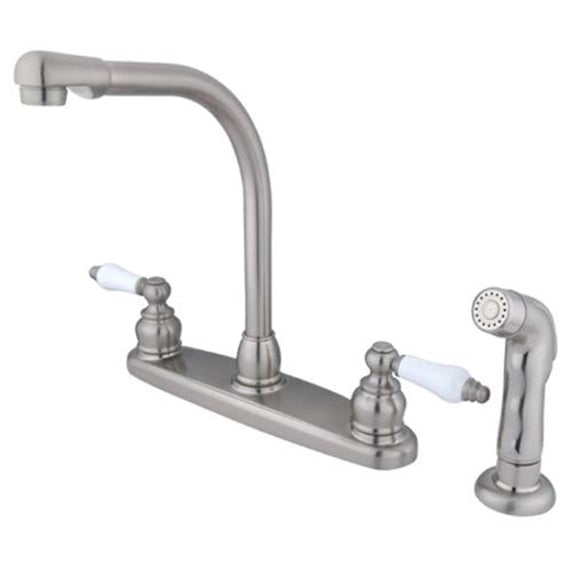 Kingston Brass GKB718SP GKB718SP Water Saving Victorian High Arch Kitchen Faucet with Oak & Porcelain Lever Handles and Sprayer, Satin Nickel