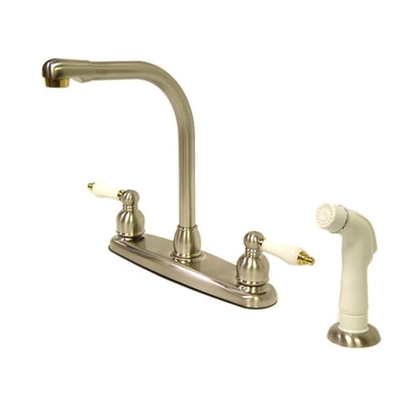 Kingston Brass GKB719 GKB719 Water Saving Victorian High Arch Kitchen Faucet with Oak & Porcelain Lever Handles, Satin Nickel with Polished Brass