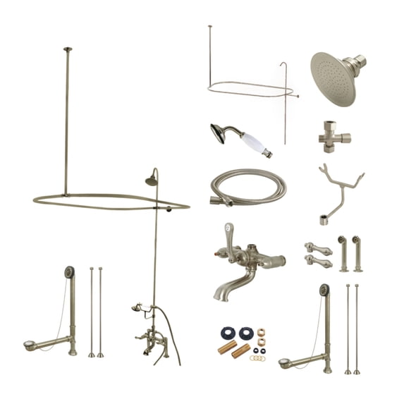 Kingston Brass CCK1178DAL Vintage Tub Wall Mount Clawfoot Tub Faucet Package with Shower Enclosure, Hand Shower and Tub Drain, Brushed Nickel