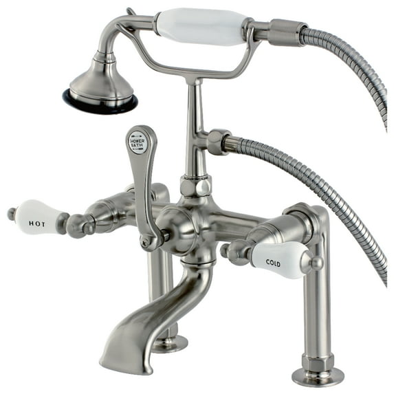 Kingston Brass AE107T8 Aqua Vintage 7" Center Deck-Mount Clawfoot Tub Faucet with Hand Shower, Brushed Nickel