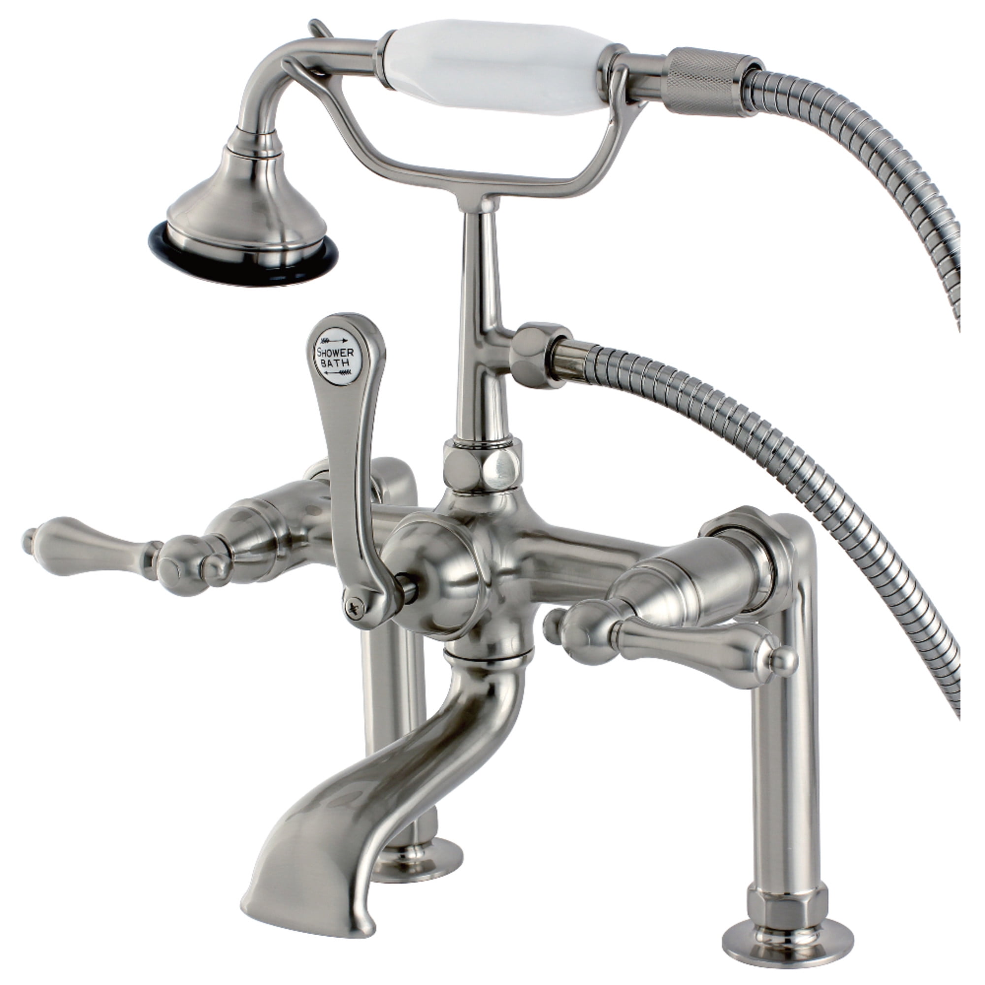 Kingston Brass AE103T8 Aqua Vintage 7" Center Deck-Mount Clawfoot Tub Faucet with Hand Shower, Brushed Nickel