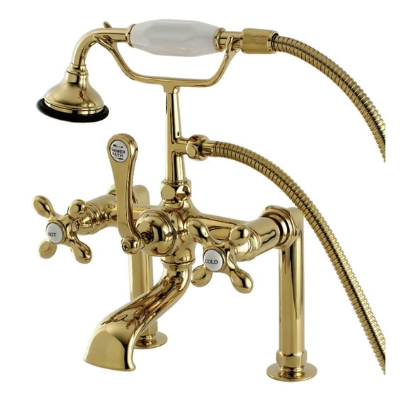 Kingston Brass AE109T2 Aqua Vintage 7" Center Deck-Mount Clawfoot Tub Faucet with Hand Shower, Polished Brass