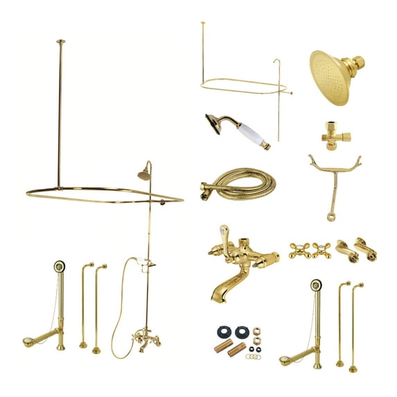 Kingston Brass CCK1142AX Vintage Tub Wall Mount Clawfoot Tub Faucet Package with Shower Enclosure and Hand Shower, Polished Brass