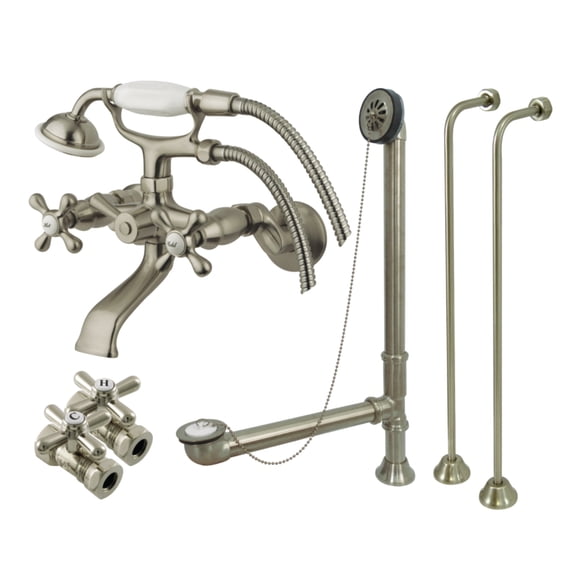 Kingston Brass CCK265SN Vintage Wall Mount Clawfoot Tub Faucet Package with Supply Line, Hand Shower and Tub Drain, Brushed Nickel