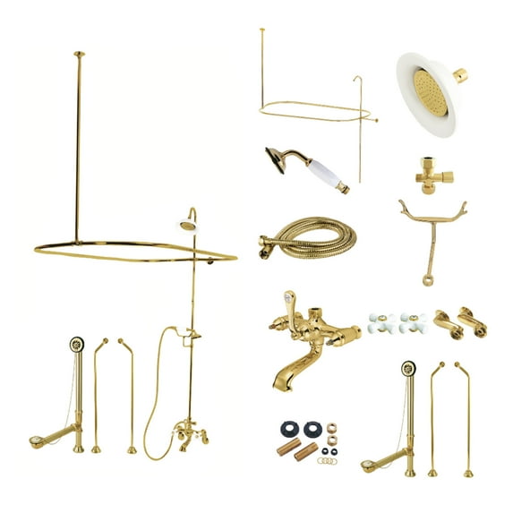 Kingston Brass CCK1182PX Vintage Tub Wall Mount Clawfoot Tub Faucet Package with Shower Enclosure and Hand Shower, Polished Brass