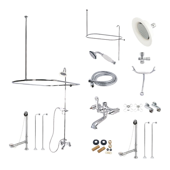 Kingston Brass CCK1141PX Vintage Tub Wall Mount Clawfoot Tub Faucet Package with Shower Enclosure and Hand Shower, Polished Chrome