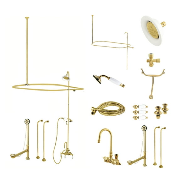 Kingston Brass CCK2142PL Vintage Tub Wall Mount High-Arc Gooseneck Clawfoot Tub Faucet Package with Supply Enclosure and Hand Shower, Polished Brass