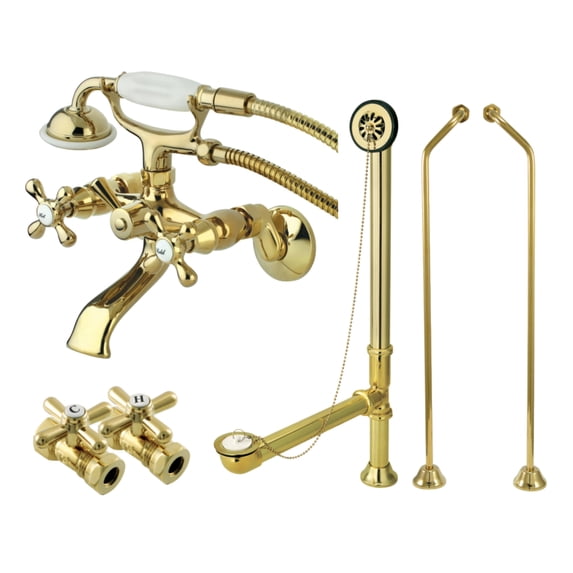 Kingston Brass CCK265PBD Vintage Wall Mount Clawfoot Tub Faucet Package with Supply Line, Hand Shower and Tub Drain, Polished Brass