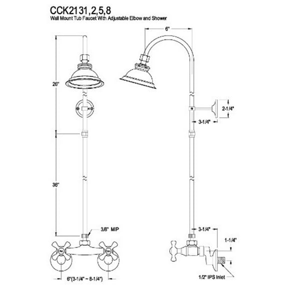 Kingston Brass Vintage Wall Mount Shower Package, Polished Brass, CCK2132, Polis