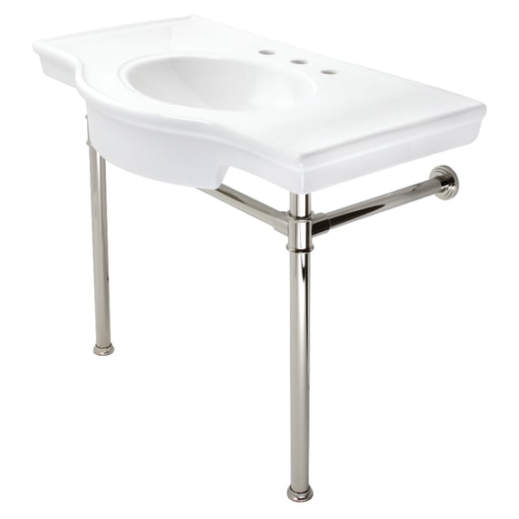 Kingston Brass VPB1376ST Templeton 37" Ceramic Console Sink with Stainless Steel Legs (8-Inch, 3-Hole), White/Polished Nickel