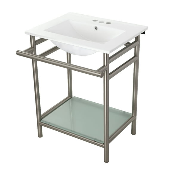 Kingston Brass VPB24187W48 Sheridan 24" Ceramic Console Sink with Stainless Steel Legs and Glass Shelf (4-Inch, 3-Hole), White/Brushed Nickel