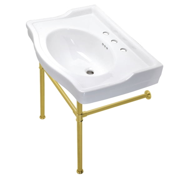 Kingston Brass VPB33087ST Victorian 30" Ceramic Console Sink with Stainless Steel Legs (8-Inch, 3-Hole), White/Brushed Brass