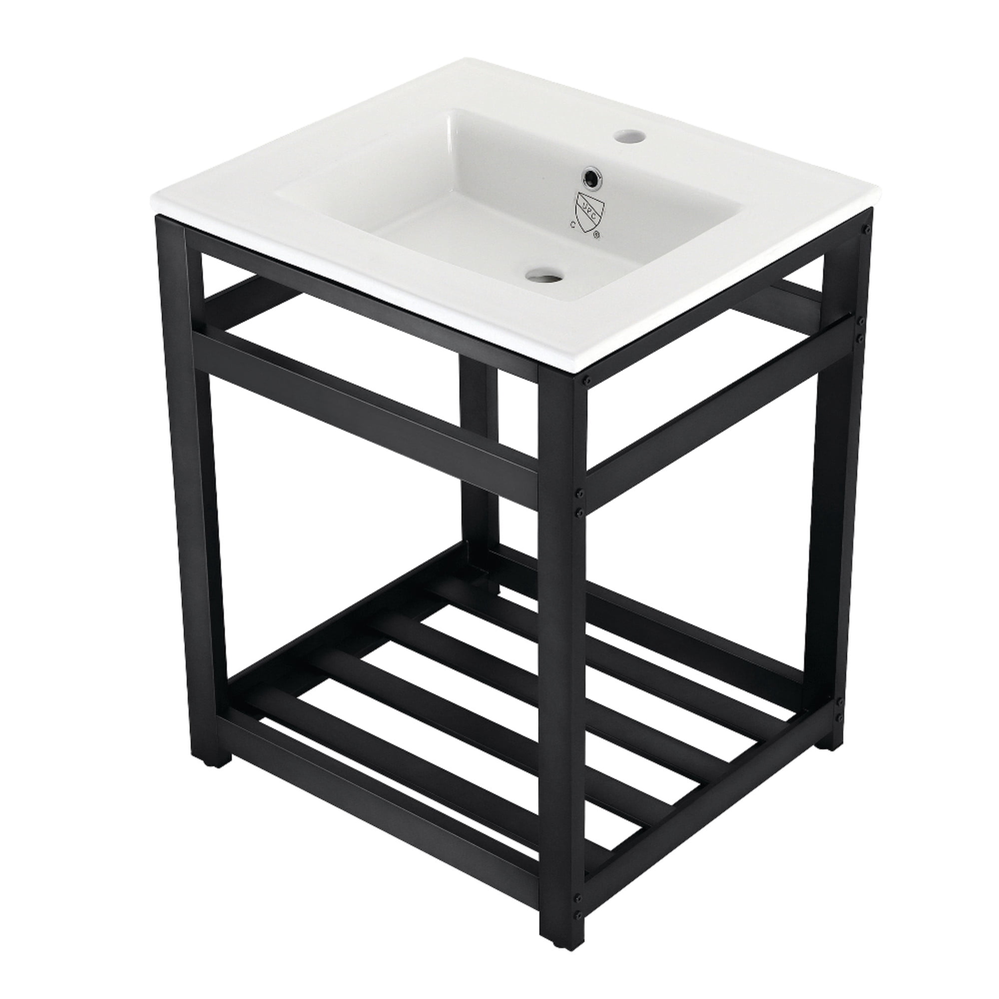 Kingston Brass VWP2522A0 Quadras 25" Ceramic Console Sink with Steel Base and Shelf (1-Hole), White/Matte Black