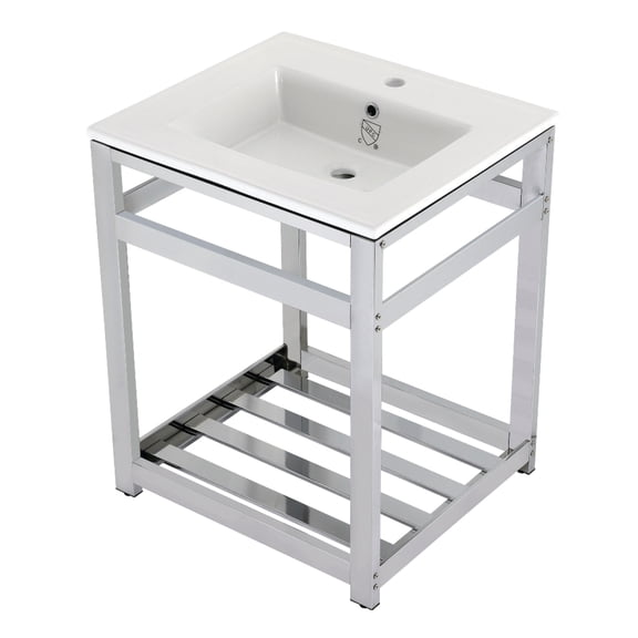 Kingston Brass VWP2522A1 Quadras 25" Ceramic Console Sink with Steel Base and Shelf (1-Hole), White/Chrome