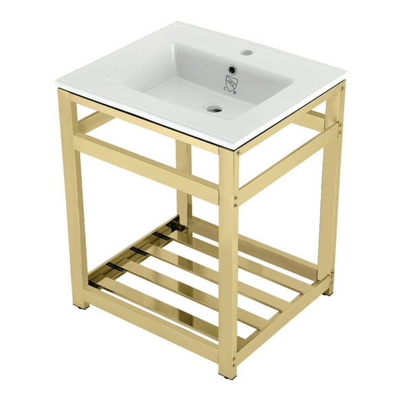 Kingston Brass VWP2522A2 Quadras 25" Ceramic Console Sink with Steel Base and Shelf (1-Hole), White/Polished Brass