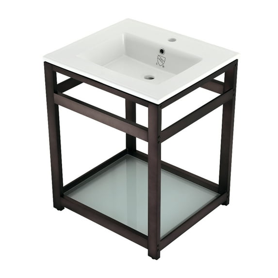 Kingston Brass VWP2522B5 Quadras 25" Ceramic Console Sink with Steel Base and Glass Shelf (1-Hole), White/Oil Rubbed Bronze