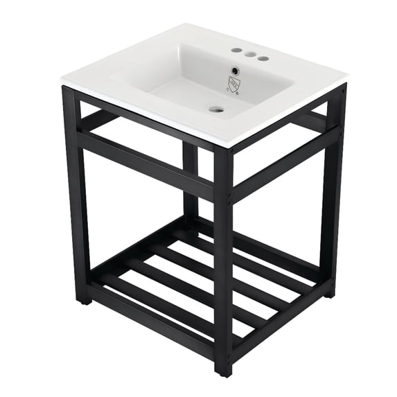 Kingston Brass VWP2522W4A0 Quadras 25" Ceramic Console Sink with Steel Base and Shelf (4-Inch, 3-Hole), White/Matte Black