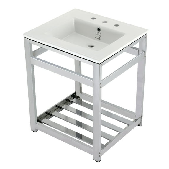 Kingston Brass VWP2522W8A1 Quadras 25" Ceramic Console Sink with Steel Base and Shelf (8-Inch, 3-Hole), White/Chrome
