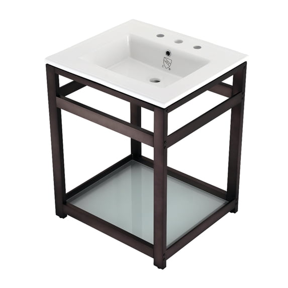 Kingston Brass VWP2522W8B5 Quadras 25" Ceramic Console Sink with Steel Base and Glass Shelf (8-Inch, 3-Hole), White/Oil Rubbed Bronze