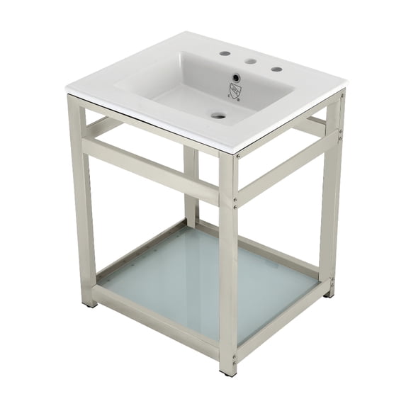 Kingston Brass VWP2522W8B6 Quadras 25" Ceramic Console Sink with Steel Base and Glass Shelf (8-Inch, 3-Hole), White/Polished Nickel