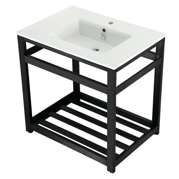 Kingston Brass VWP3122A0 Quadras 31" Ceramic Console Sink with Steel Base and Shelf (1-Hole), White/Matte Black