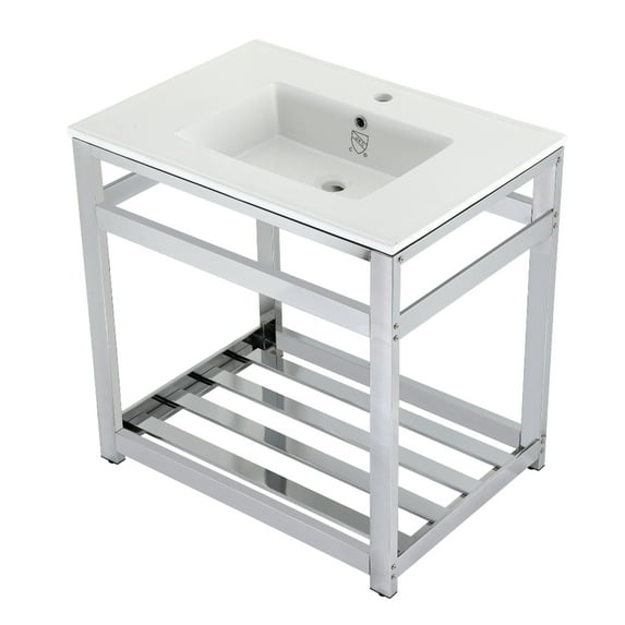 Kingston Brass VWP3122A1 Quadras 31" Ceramic Console Sink with Steel Base and Shelf (1-Hole), White/Chrome