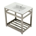 thumbnail image 1 of Kingston Brass VWP3122A8 Quadras 31" Ceramic Console Sink with Steel Base and Shelf (1-Hole), White/Brushed Nickel, 1 of 8