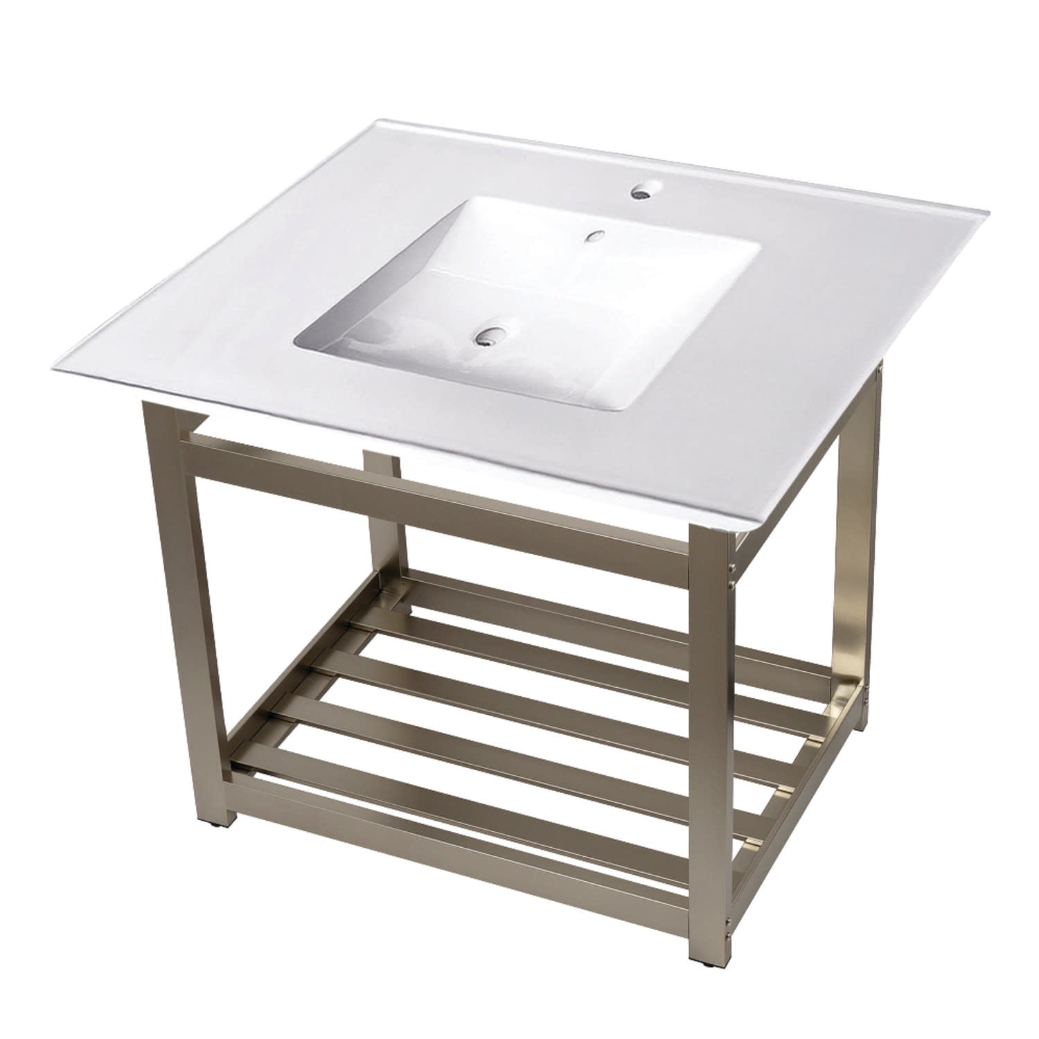 White Ceramic Console Sink with Brushed Nickel Steel Base