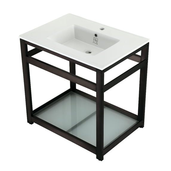 Kingston Brass VWP3122B5 Quadras 31" Ceramic Console Sink with Steel Base and Glass Shelf (1-Hole), White/Oil Rubbed Bronze
