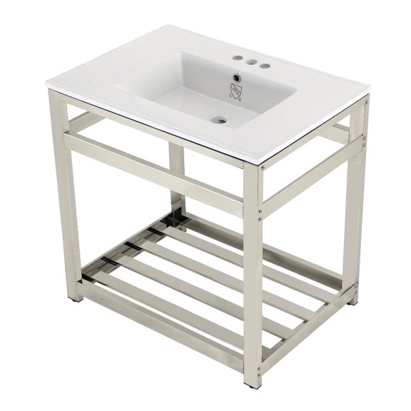 Kingston Brass VWP3122W4A6 Quadras 31" Ceramic Console Sink with Steel Base and Shelf (4-Inch, 3-Hole), White/Polished Nickel