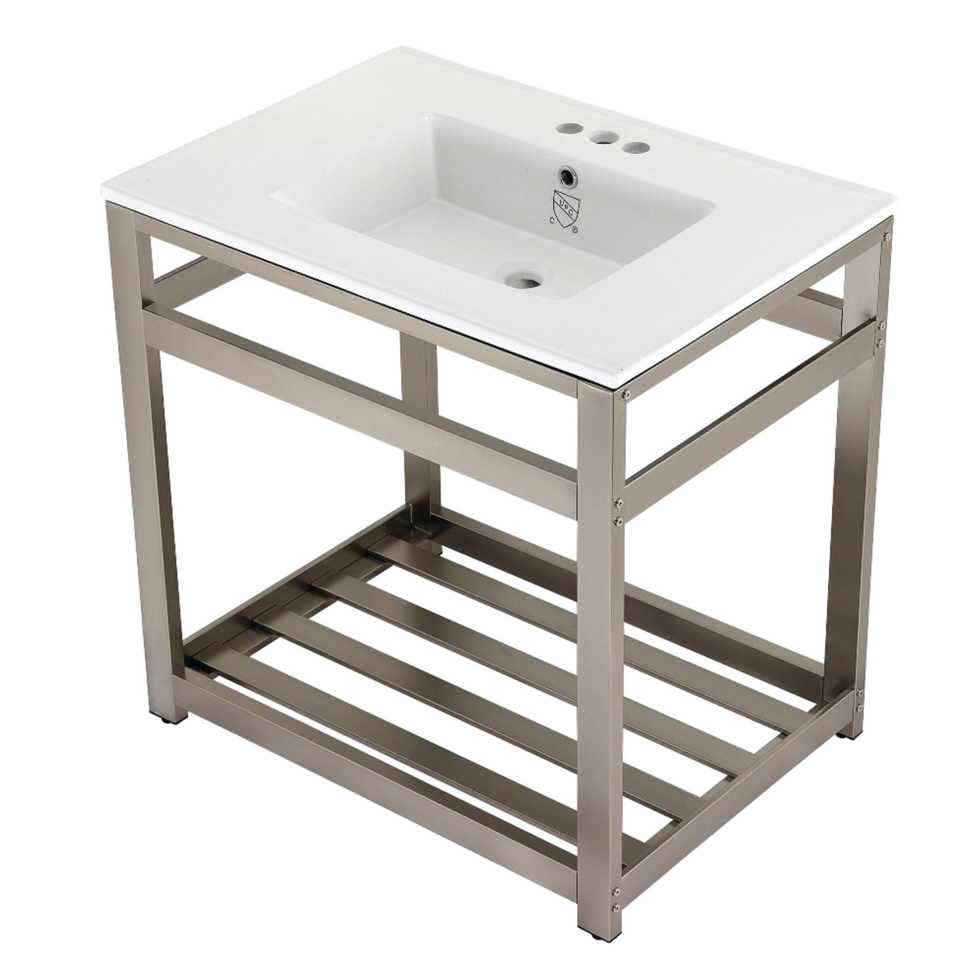 Kingston Brass VWP3122W4A8 Quadras 31" Ceramic Console Sink with Steel Base and Shelf (4-Inch, 3-Hole), White/Brushed Nickel