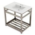 thumbnail image 1 of Kingston Brass VWP3122W4A8 Quadras 31" Ceramic Console Sink with Steel Base and Shelf (4-Inch, 3-Hole), White/Brushed Nickel, 1 of 7