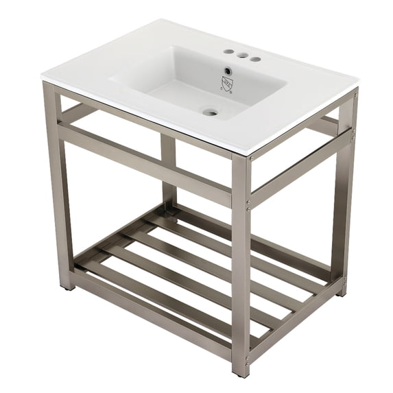 Kingston Brass VWP3122W4A8 Quadras 31" Ceramic Console Sink with Steel Base and Shelf (4-Inch, 3-Hole), White/Brushed Nickel