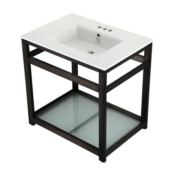 Kingston Brass VWP3122W4B5 Quadras 31" Ceramic Console Sink with Steel Base and Glass Shelf (4-Inch, 3-Hole), White/Oil Rubbed Bronze