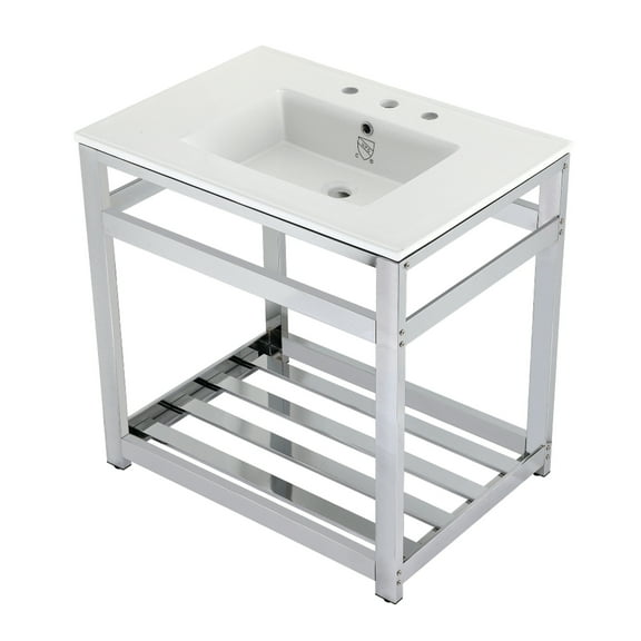 Kingston Brass VWP3122W8A1 Quadras 31" Ceramic Console Sink with Steel Base and Shelf (8-Inch, 3-Hole), White/Chrome