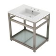 thumbnail image 1 of Kingston Brass VWP3122W8B8 Quadras 31" Ceramic Console Sink with Steel Base and Glass Shelf (8-Inch, 3-Hole), White/Brushed Nickel, 1 of 7