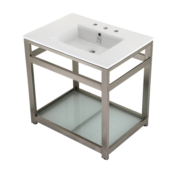 Kingston Brass VWP3122W8B8 Quadras 31" Ceramic Console Sink with Steel Base and Glass Shelf (8-Inch, 3-Hole), White/Brushed Nickel