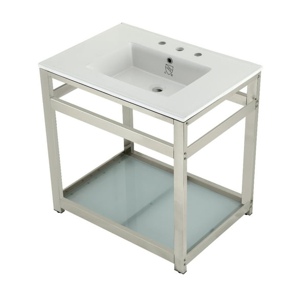 Kingston Brass VWP3122W8B6 Quadras 31" Ceramic Console Sink with Steel Base and Glass Shelf (8-Inch, 3-Hole), White/Polished Nickel