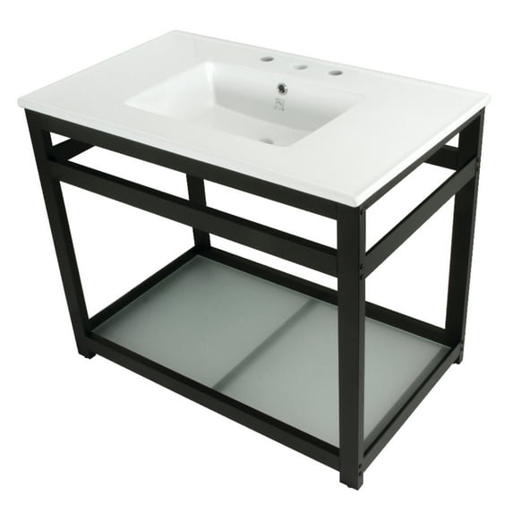 Kingston Brass VWP3722W8B0 Quadras 37" Ceramic Console Sink with Steel Base and Glass Shelf (8-Inch, 3-Hole), White/Matte Black