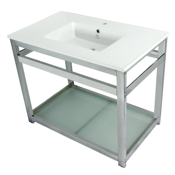 Kingston Brass VWP3722B1 Quadras 37" Ceramic Console Sink with Steel Base and Glass Shelf (1-Hole), White/Polished Chrome