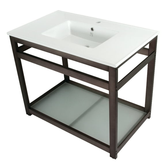 Kingston Brass VWP3722B5 Quadras 37" Ceramic Console Sink with Steel Base and Glass Shelf (1-Hole), White/Oil Rubbed Bronze