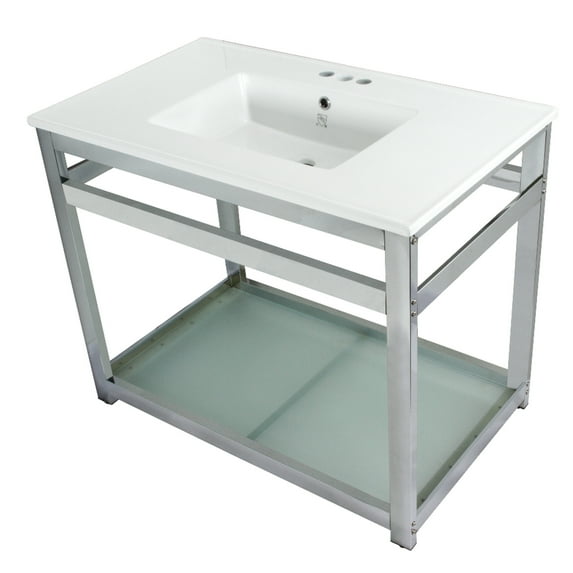 Kingston Brass VWP3722W4B1 Quadras 37" Ceramic Console Sink with Steel Base and Glass Shelf (4-Inch, 3-Hole), White/Polished Chrome