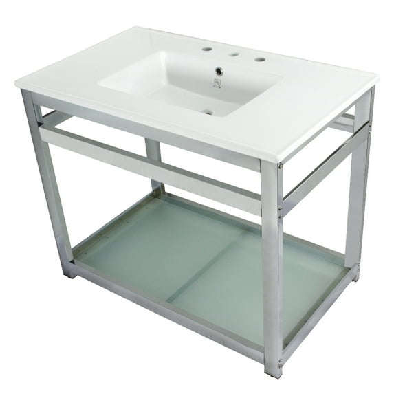 Kingston Brass VWP3722W8B1 Quadras 37" Ceramic Console Sink with Steel Base and Glass Shelf (8-Inch, 3-Hole), White/Polished Chrome
