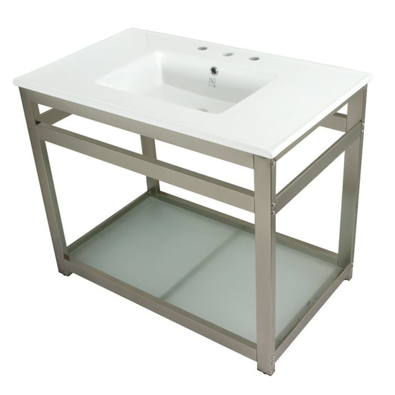 Kingston Brass VWP3722W8B8 Quadras 37" Ceramic Console Sink with Steel Base and Glass Shelf (8-Inch, 3-Hole), White/Brushed Nickel